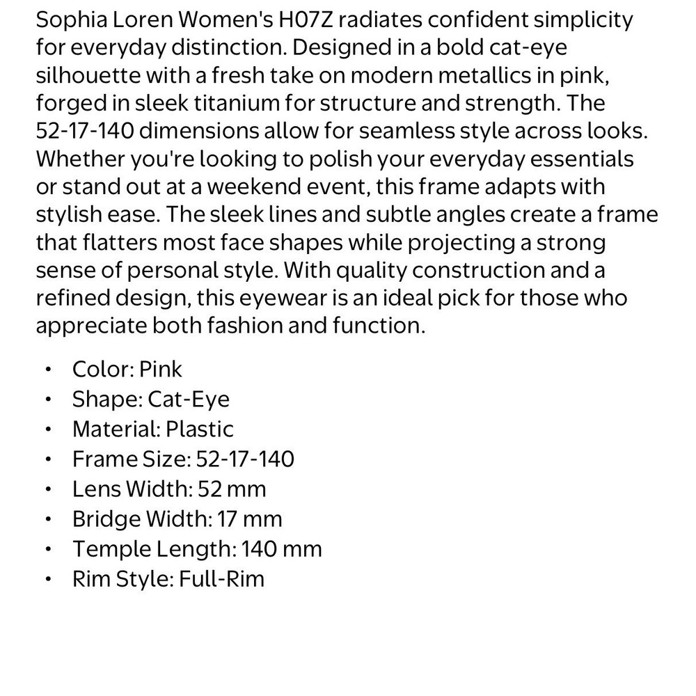 Sophia Loren Eyeglass‎ Frames Womens 52-17-140 Pink Cat Eye H07Z Titanium - Picture 4 of 10